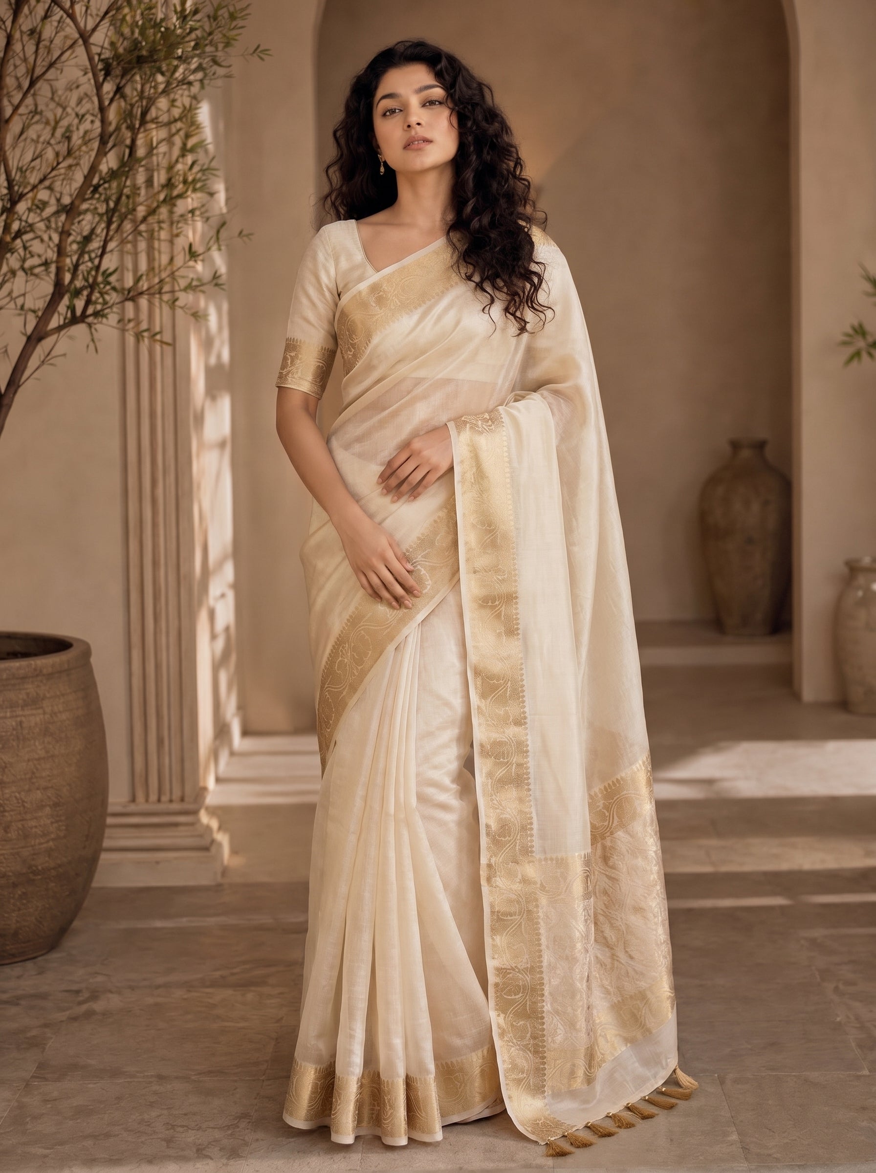 Eshmira Tissue Silk Saree – Cream Jacquard Weave