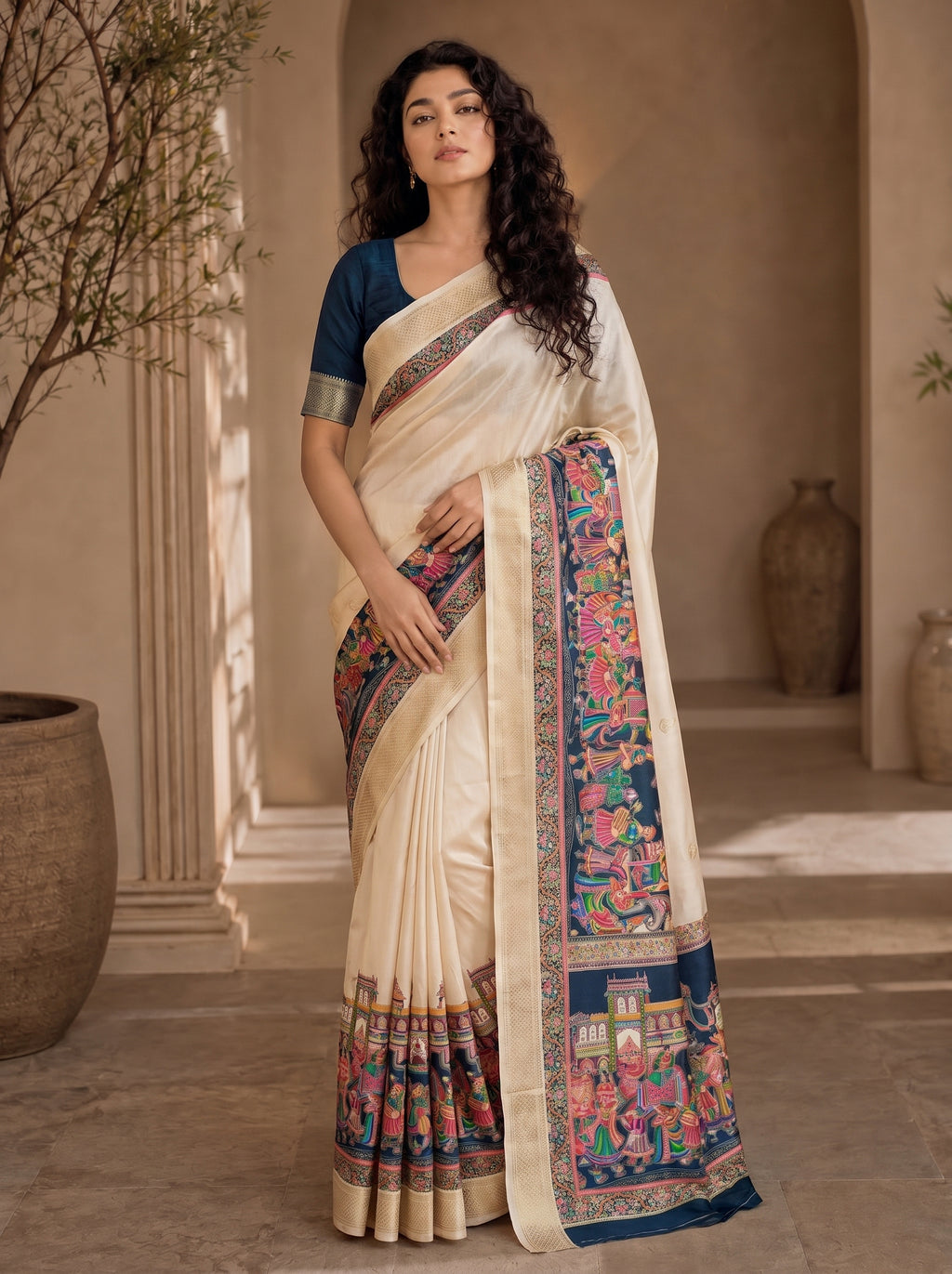 Varnesha Tussar Silk Saree – Ivory Heritage Digital Print