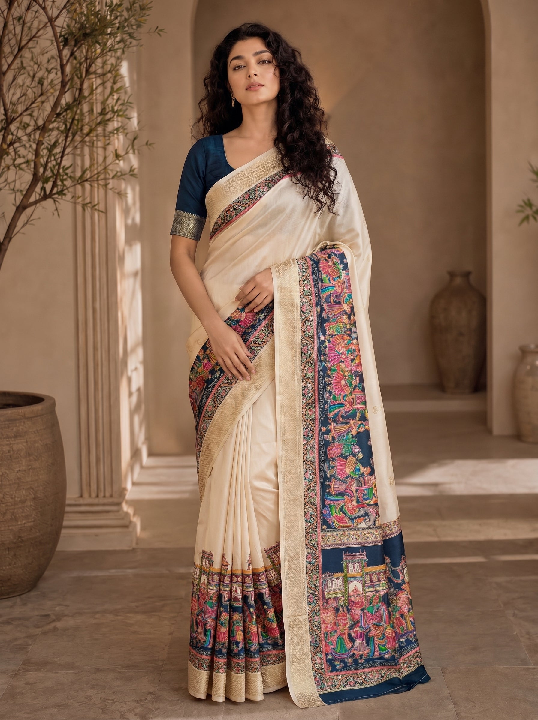 Varnesha Tussar Silk Saree – Ivory Heritage Digital Print