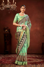 Pista Green Soft Tussar Silk Saree with Zari Border & Traditional Digital Prints