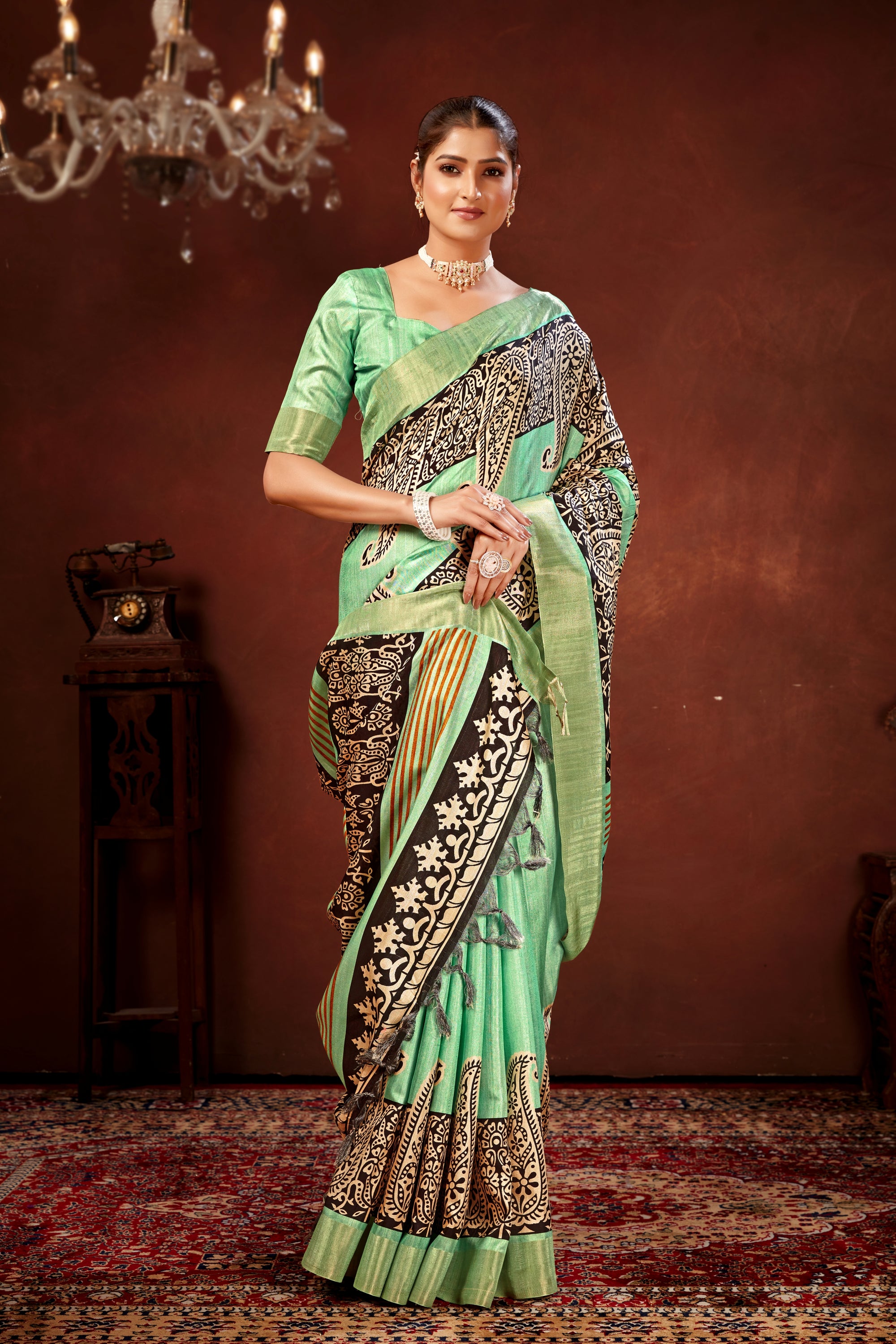 Pista Green Soft Tussar Silk Saree with Zari Border & Traditional Digital Prints