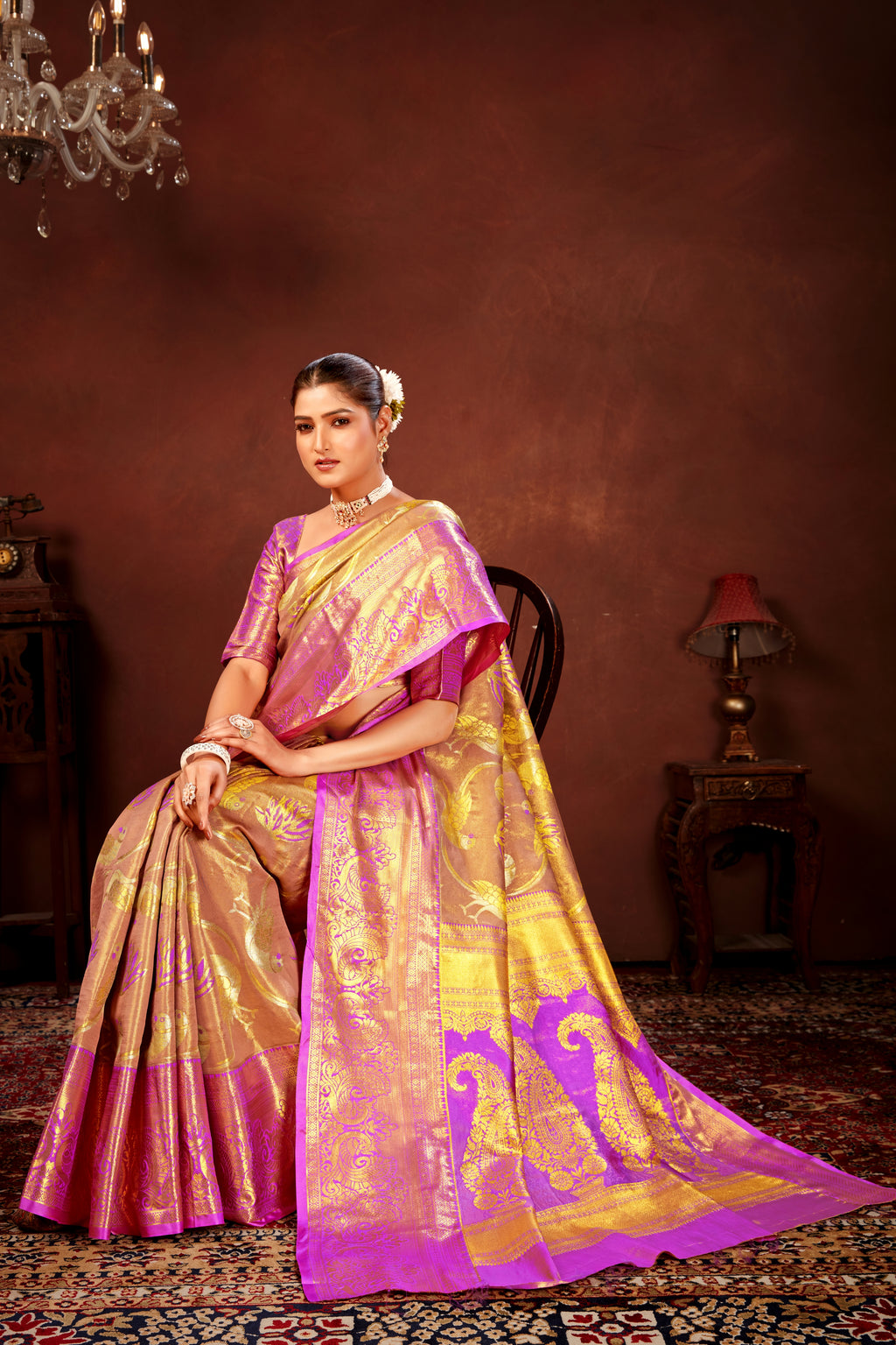 Lavender Pure Dharamavaram Silk Saree with Meenakari Zari Weave & Contrast Rich Pallu