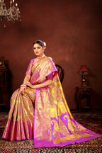 Lavender Pure Dharamavaram Silk Saree with Meenakari Zari Weave & Contrast Rich Pallu