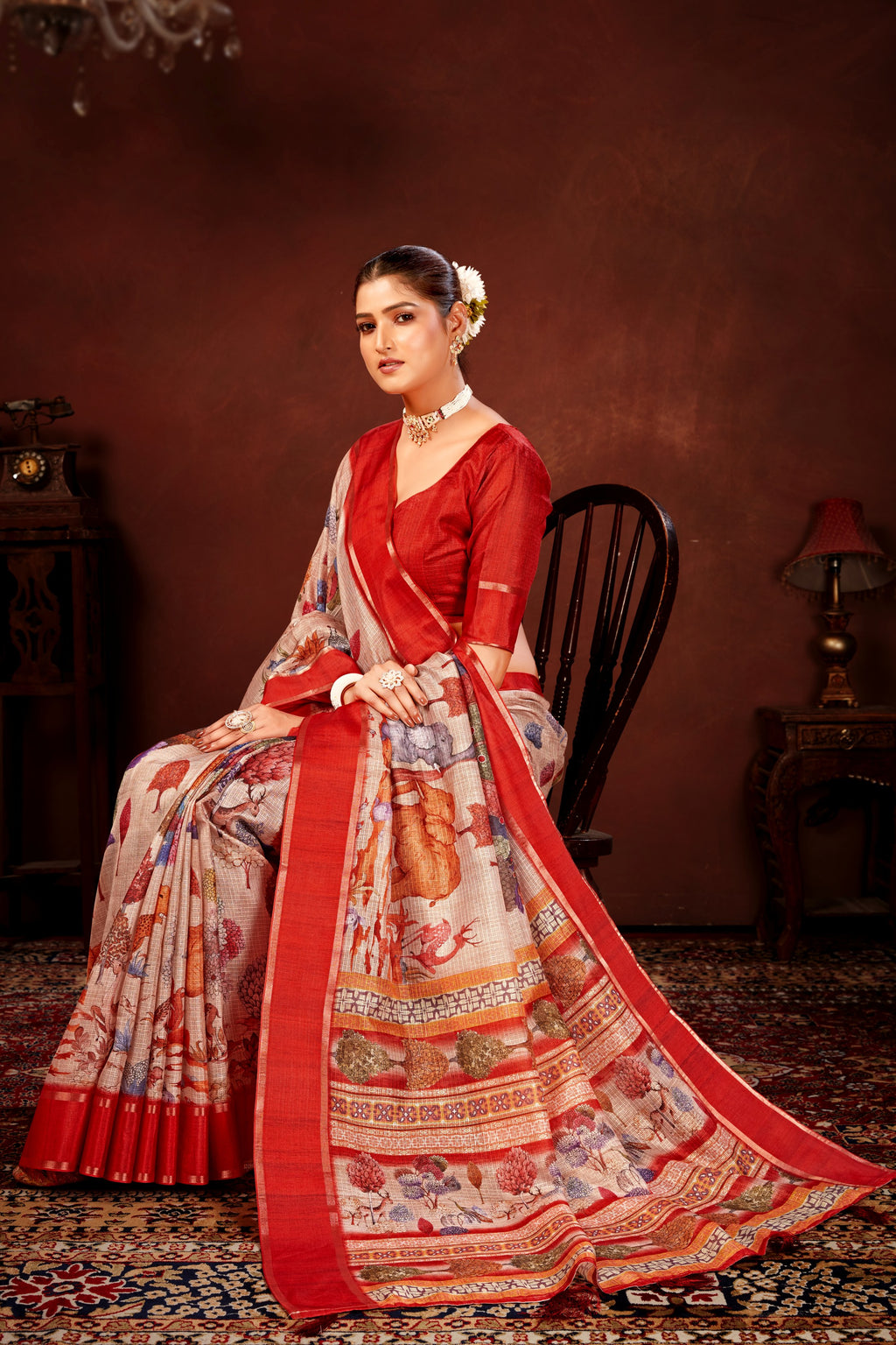 Cream Soft Kota Doriya Saree with Satin Border & Kalamkari Digital Prints