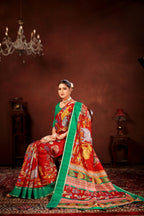 Red Soft Kota Doriya Saree with Satin Border & Kalamkari Digital Prints