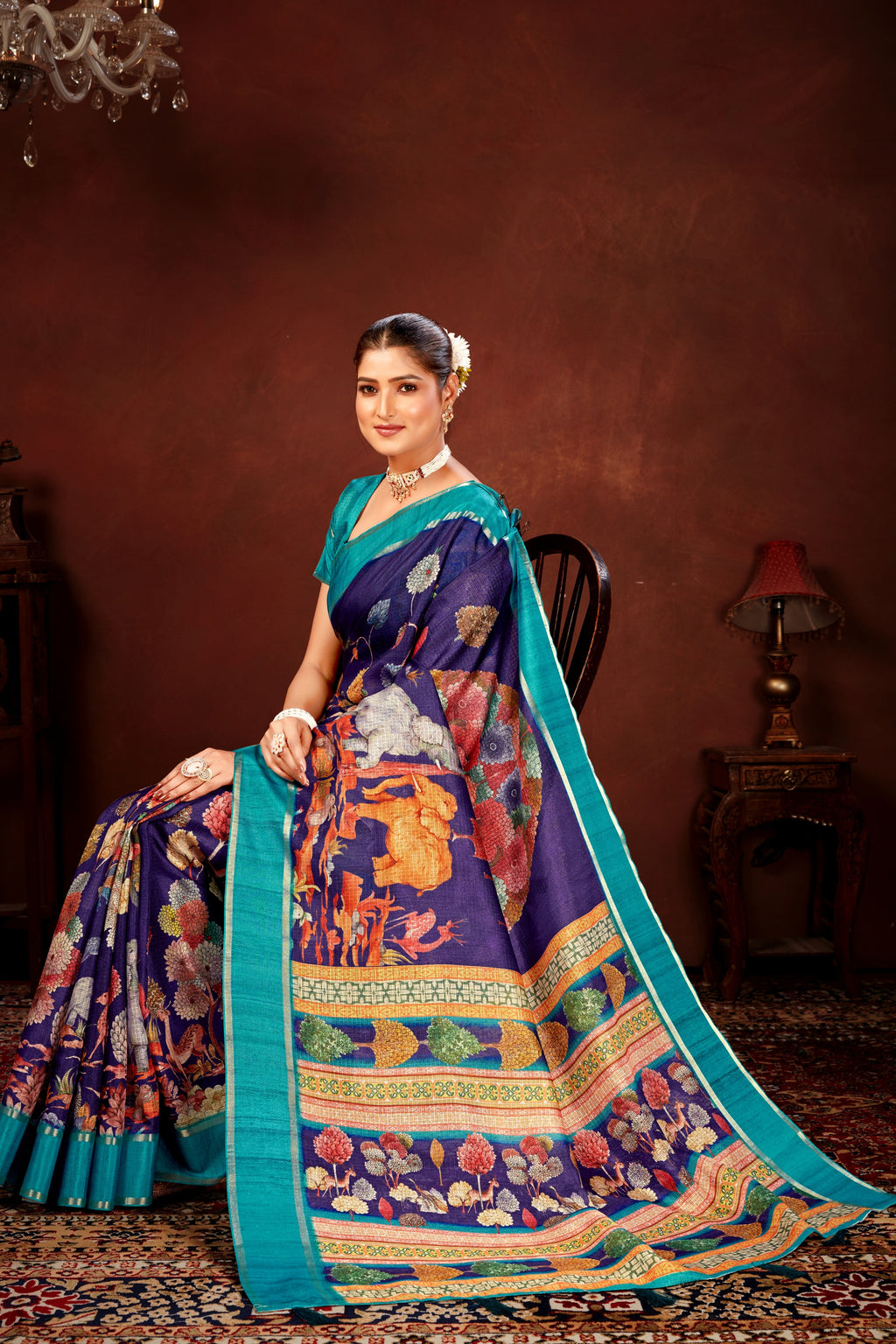 Navy Blue Soft Kota Doriya Saree with Satin Border & Kalamkari Digital Prints