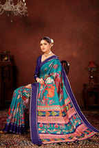 Teal Blue Soft Kota Doriya Saree with Satin Border & Kalamkari Digital Prints