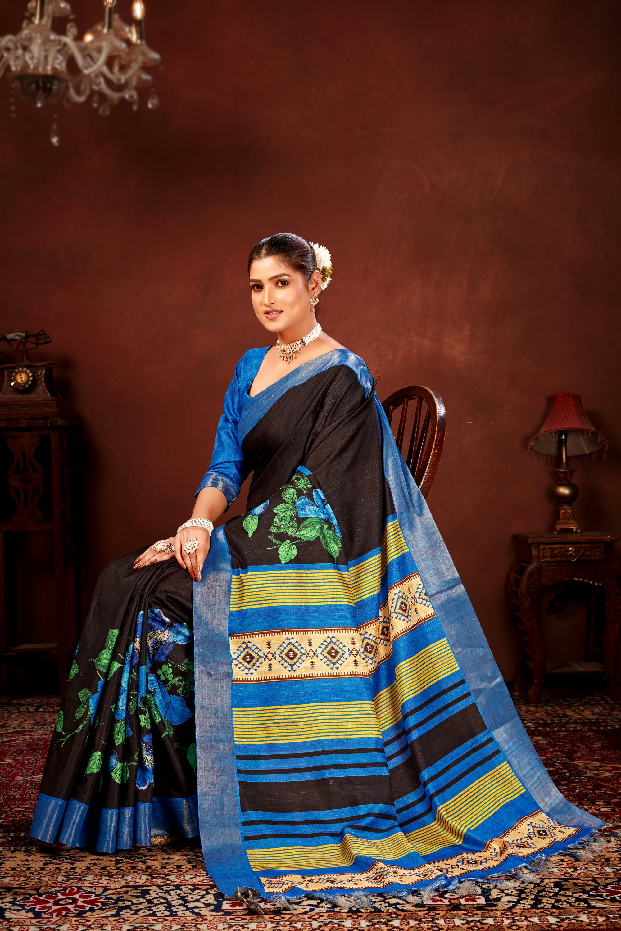 Blue Soft Tussar Silk Saree with Floral Digital Prints