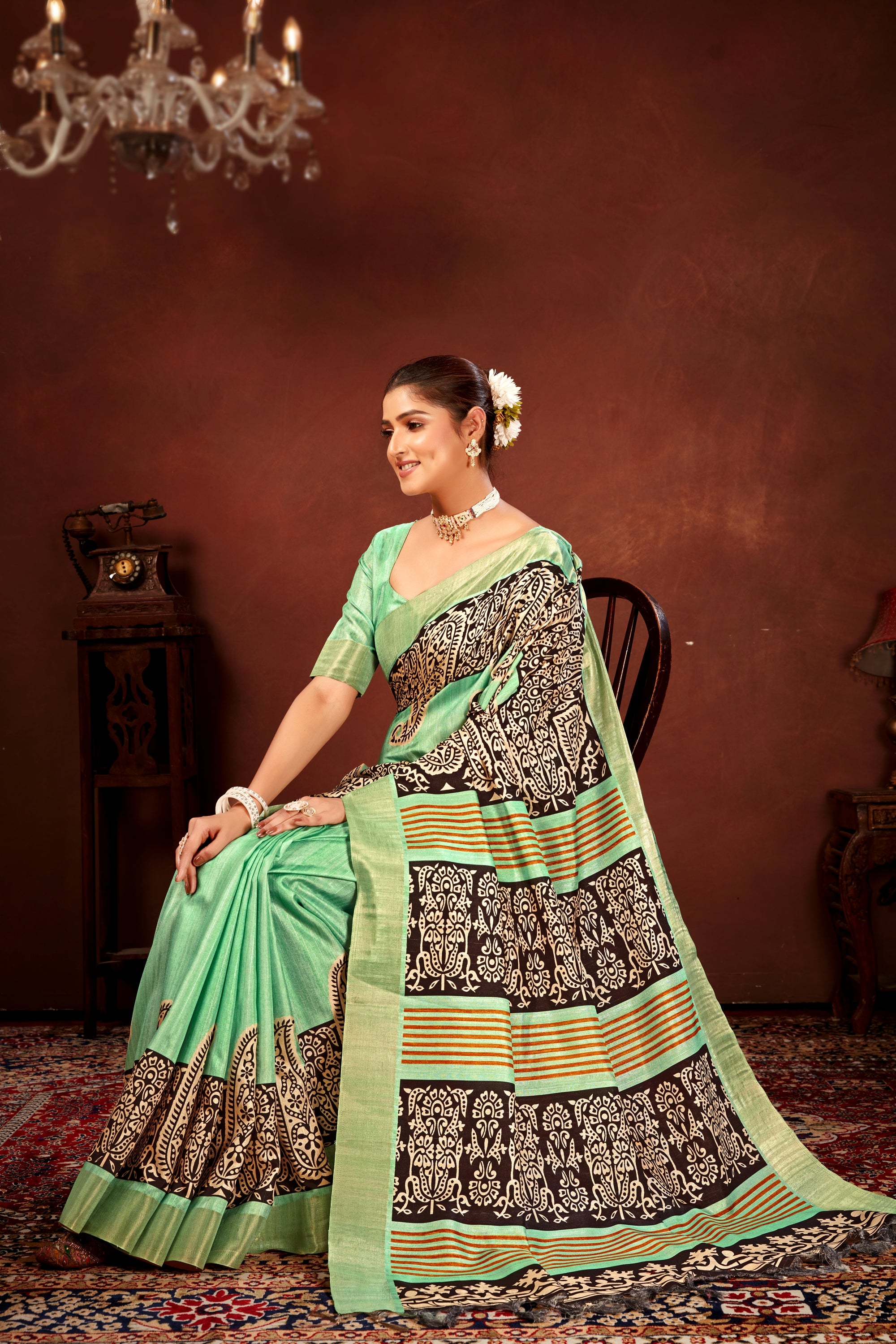 Pista Green Soft Tussar Silk Saree with Zari Border & Traditional Digital Prints