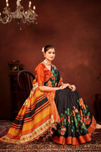 Orange Soft Tussar Silk Saree with Floral Digital Prints