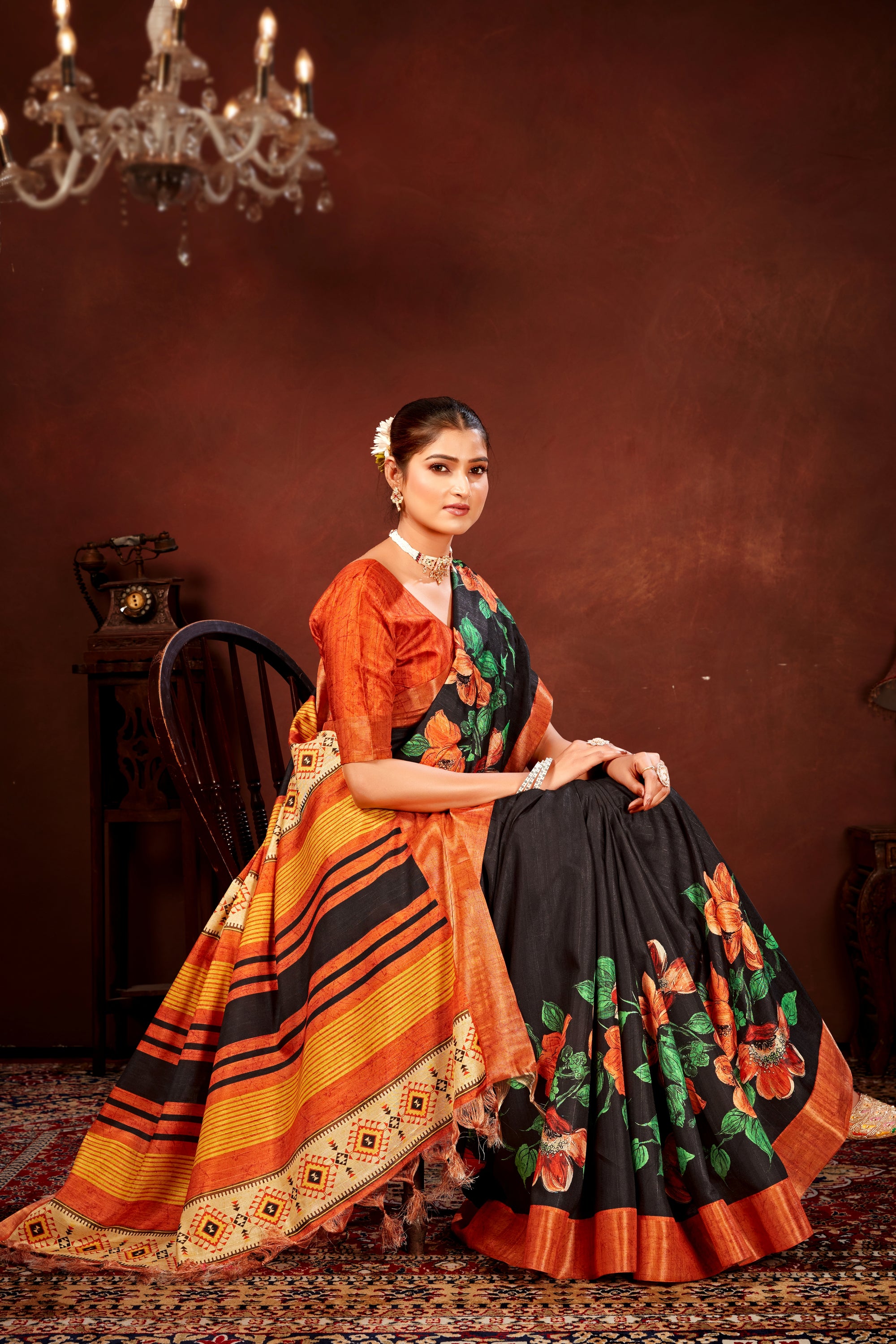 Orange Soft Tussar Silk Saree with Floral Digital Prints