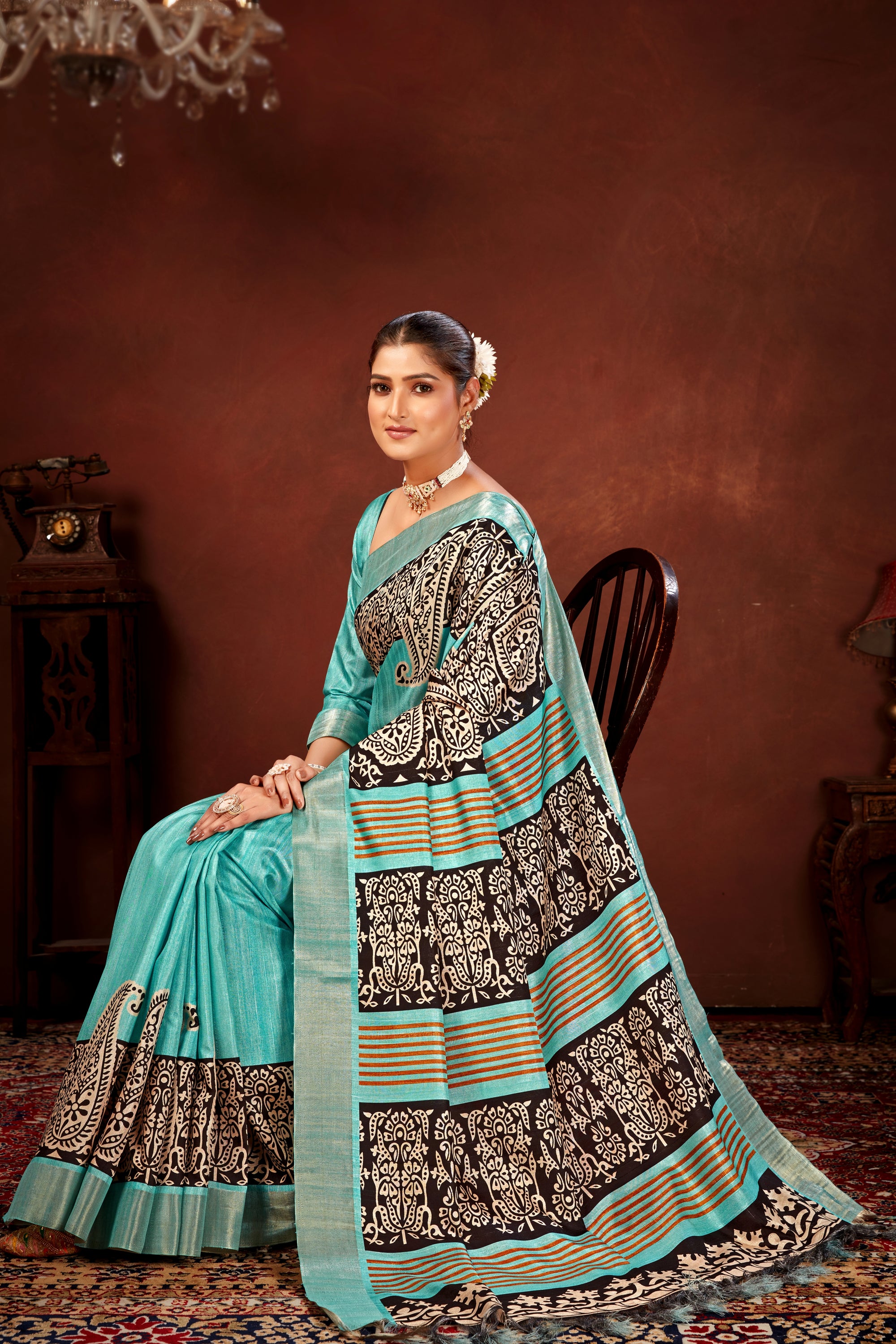 Sky Blue Soft Tussar Silk Saree with Zari Border & Traditional Digital Prints