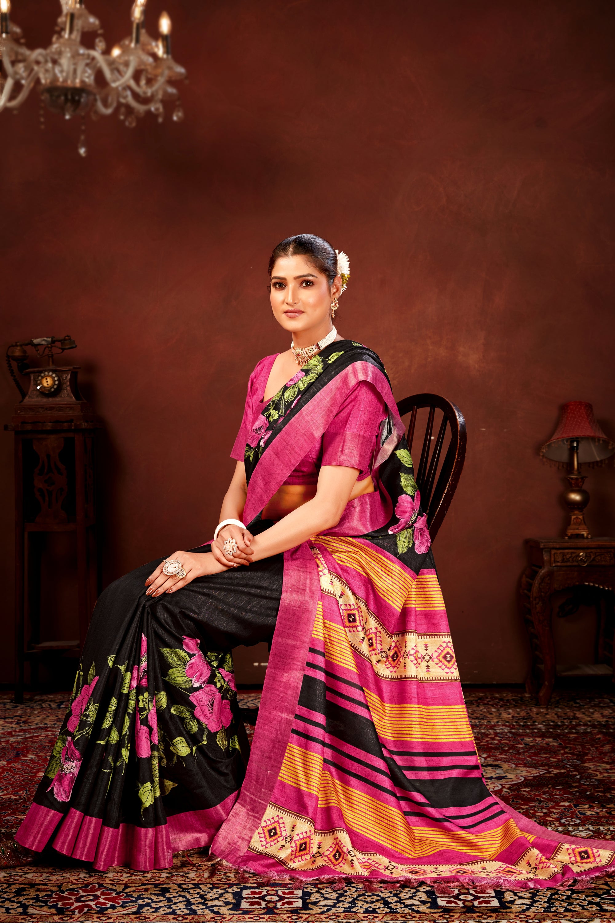 Pink Soft Tussar Silk Saree with Floral Digital Prints