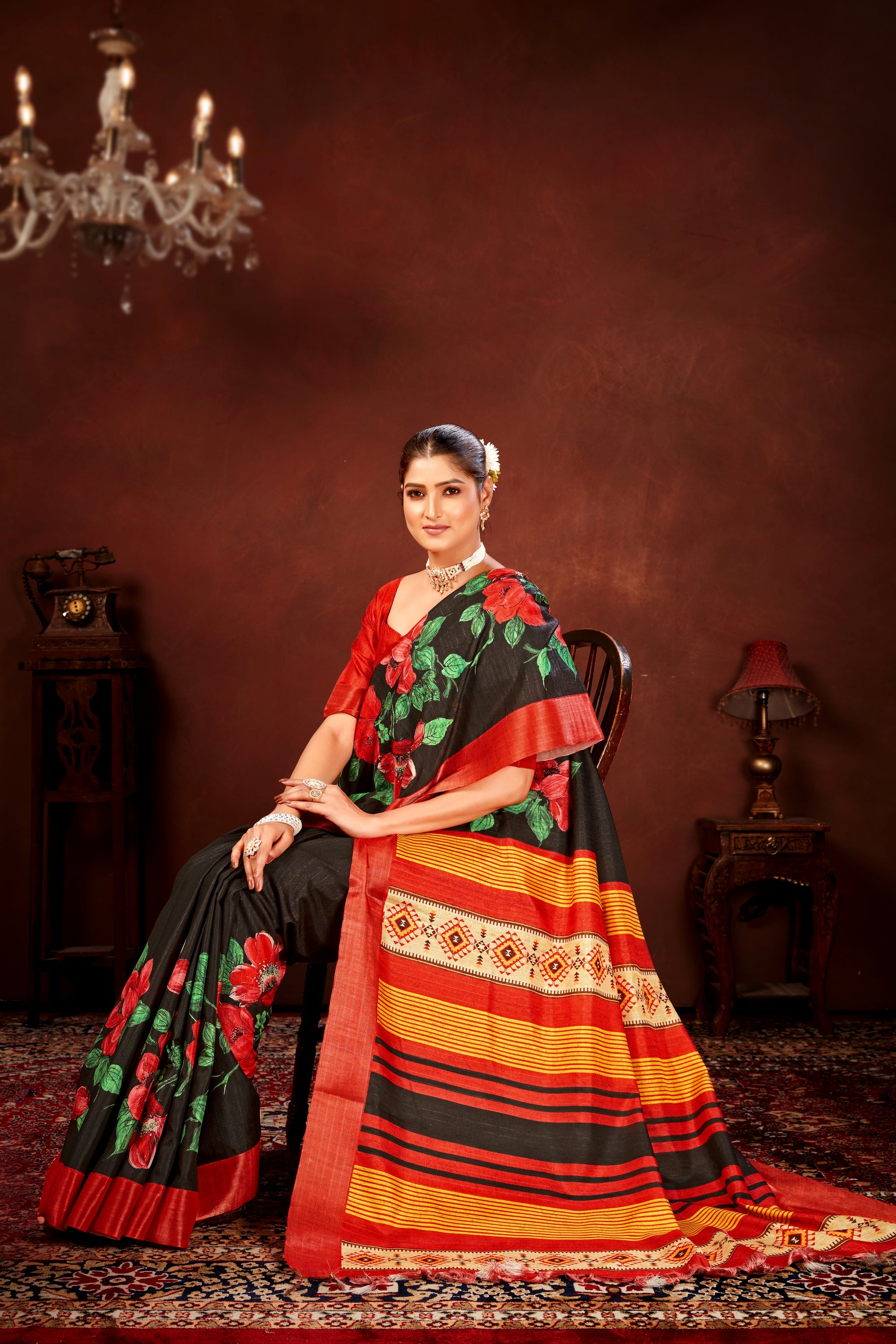 Red Soft Tussar Silk Saree with Floral Digital Prints
