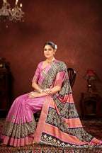 Onion Soft Tussar Silk Saree with Zari Border & Traditional Digital Prints
