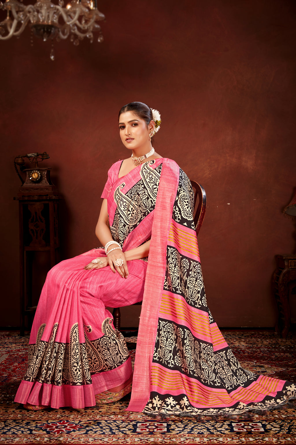 Pink Soft Tussar Silk Saree with Zari Border & Traditional Digital Prints