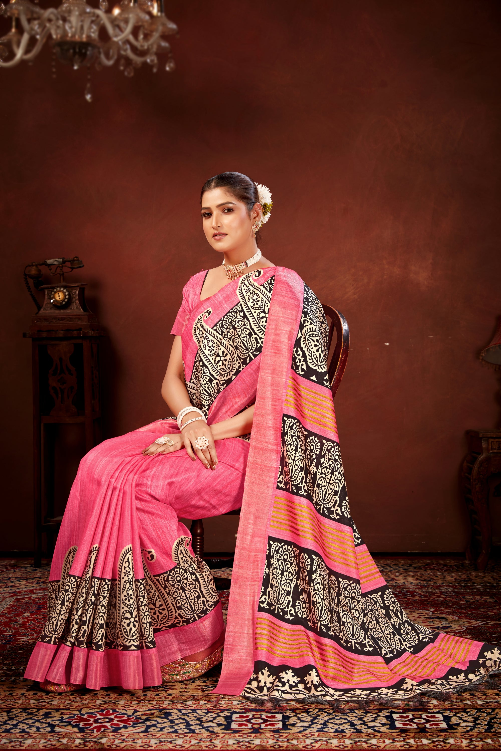 Pink Soft Tussar Silk Saree with Zari Border & Traditional Digital Prints