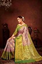 Onion Pure Dharamavaram Silk Saree with Meenakari Zari Weave & Contrast Rich Pallu