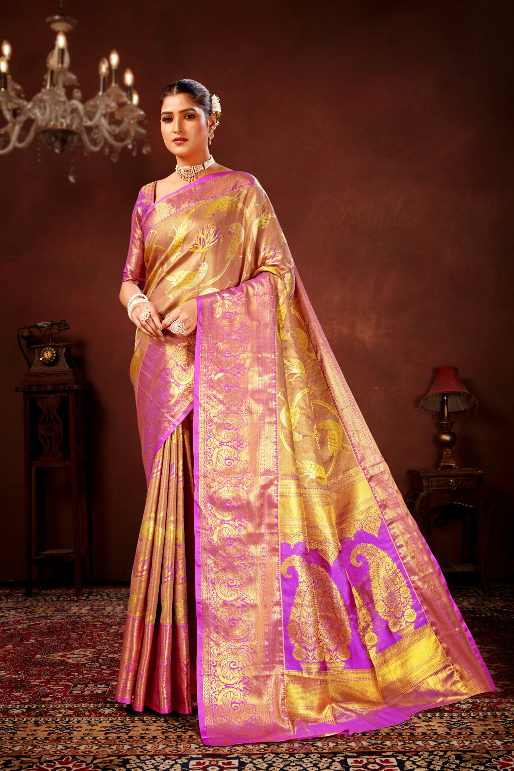Lavender Pure Dharamavaram Silk Saree with Meenakari Zari Weave & Contrast Rich Pallu