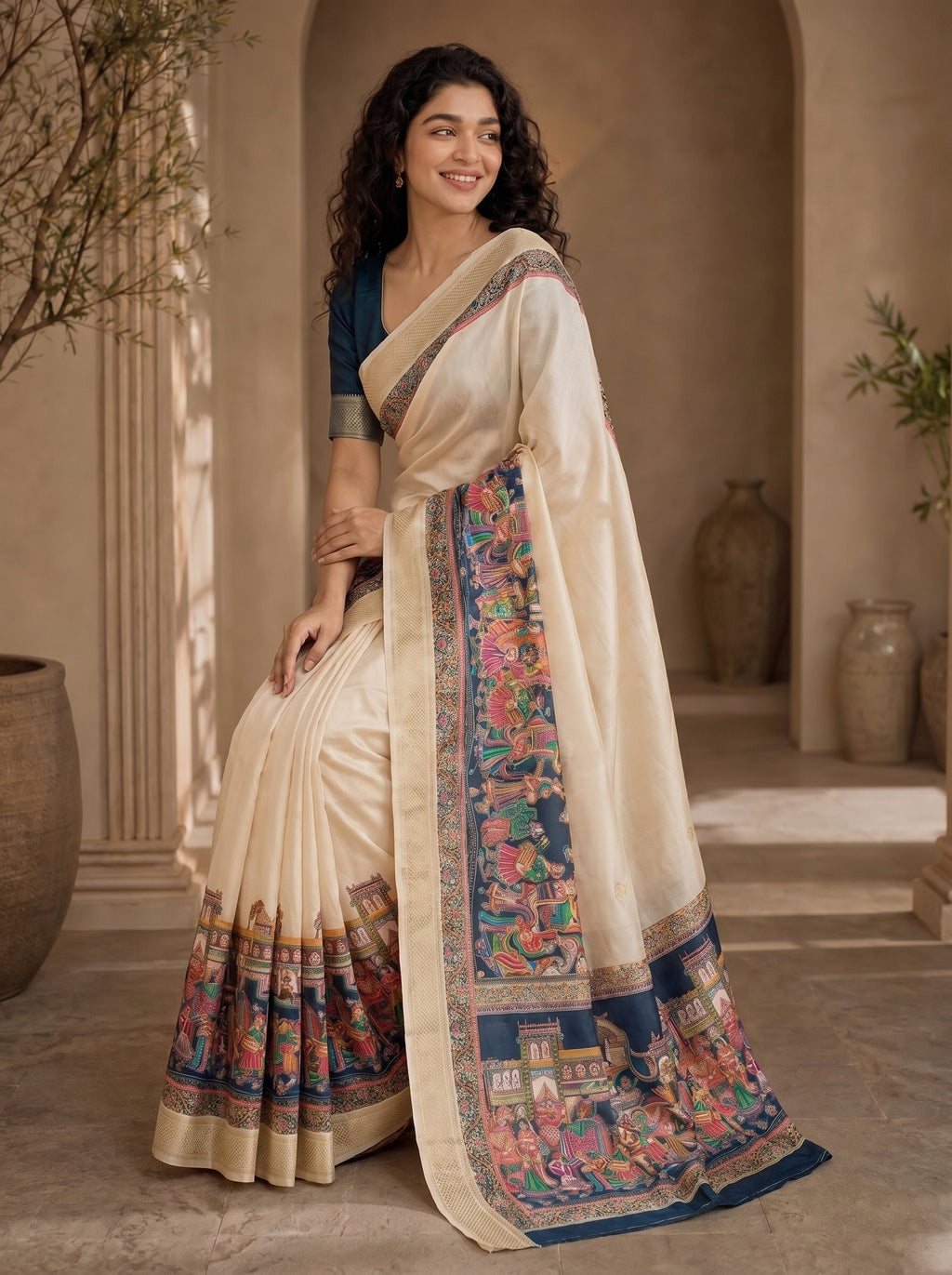 Varnesha Tussar Silk Saree – Ivory Heritage Digital Print