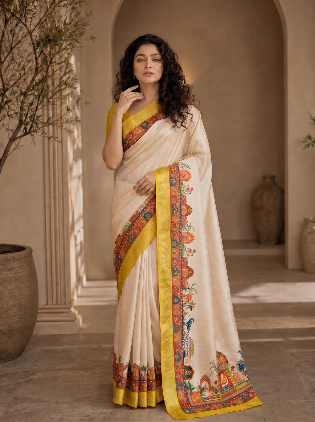 Varnesha Tussar Silk Saree – Cream Yellow Heritage Digital Print