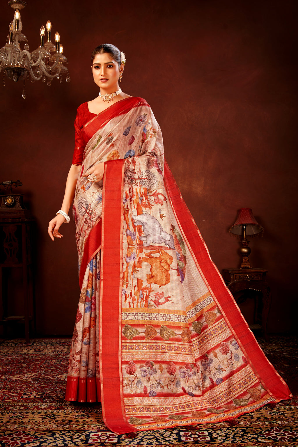 Cream Soft Kota Doriya Saree with Satin Border & Kalamkari Digital Prints