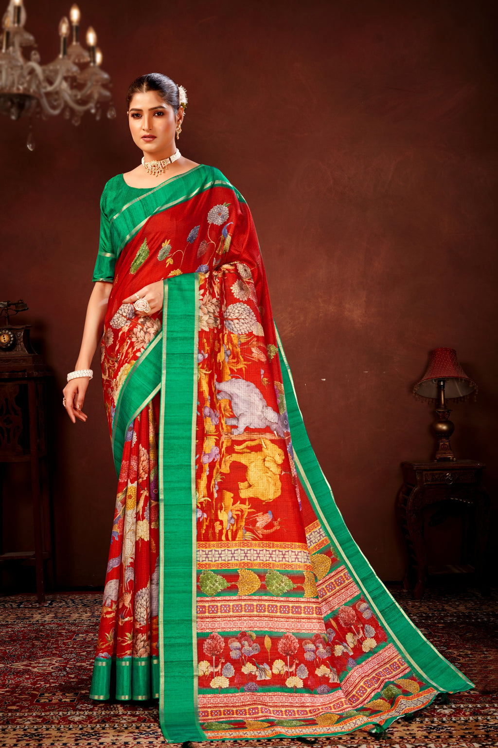 Red Soft Kota Doriya Saree with Satin Border & Kalamkari Digital Prints