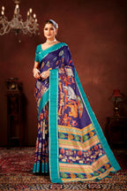 Navy Blue Soft Kota Doriya Saree with Satin Border & Kalamkari Digital Prints