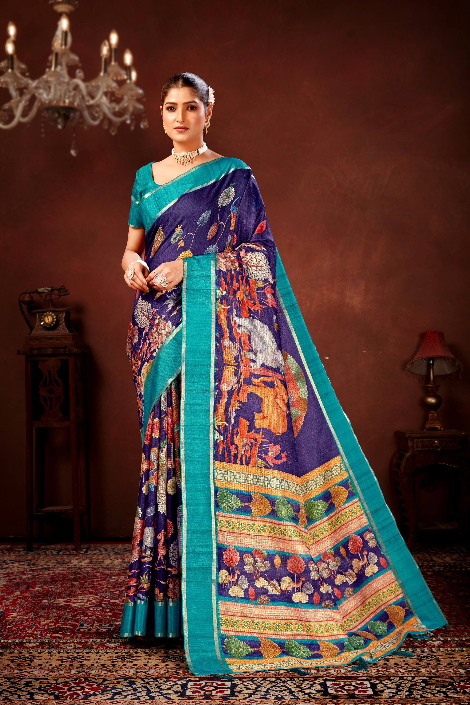 Navy Blue Soft Kota Doriya Saree with Satin Border & Kalamkari Digital Prints