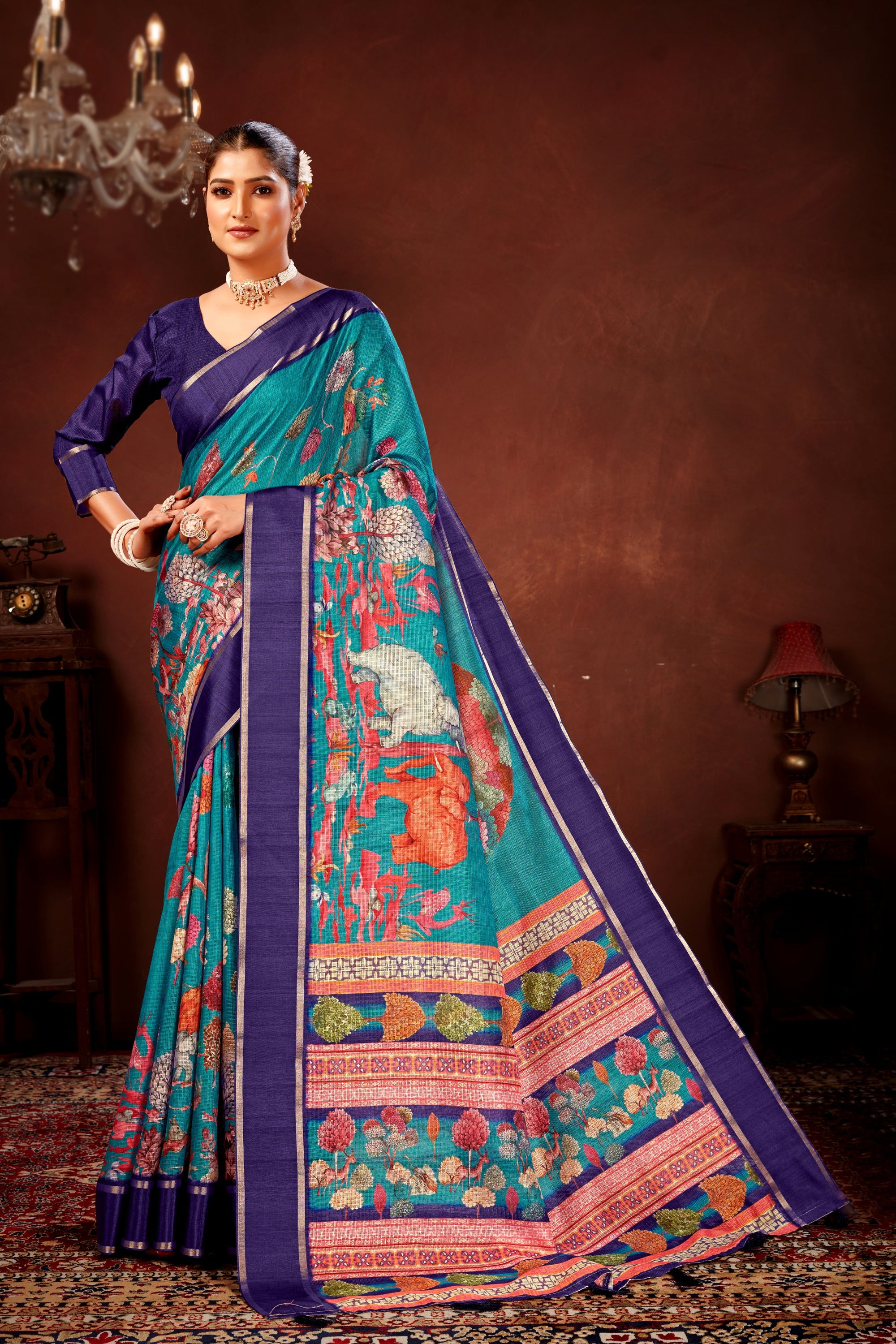Teal Blue Soft Kota Doriya Saree with Satin Border & Kalamkari Digital Prints