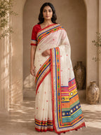 Vaidehi Soft Chanderi Cotton Saree – White Red Traditional Folk Digital Print