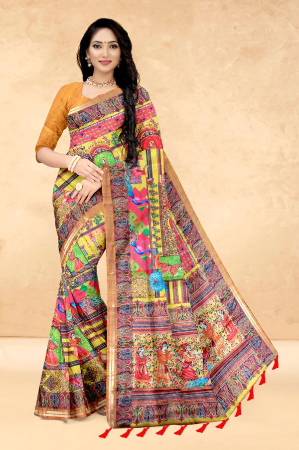 Mustard Soft Tussar Silk Saree with Position Pashmina Digital Prints