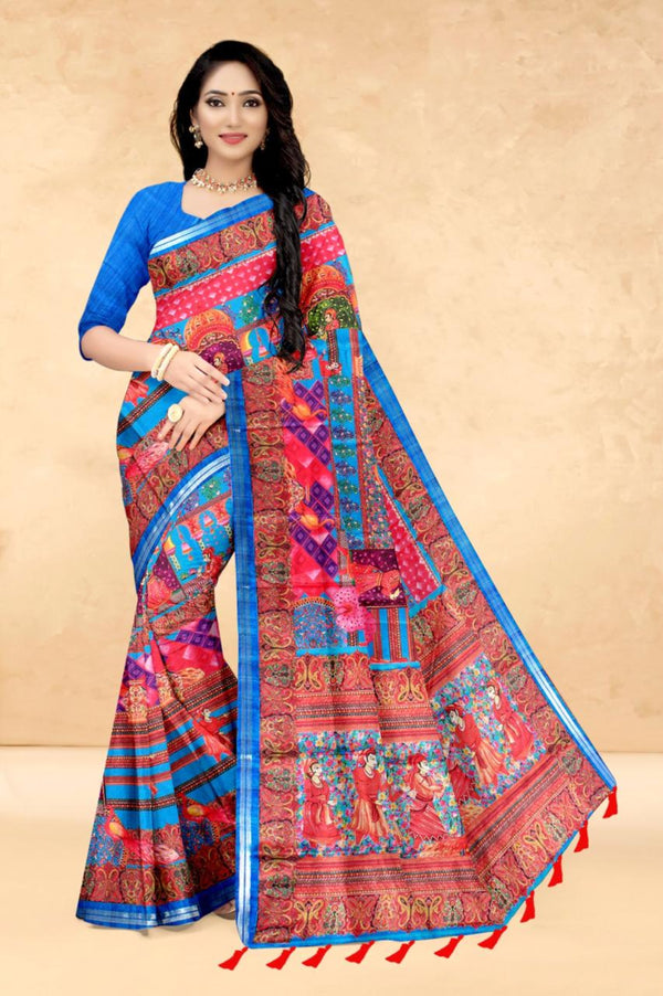 Blue Soft Tussar Silk Saree with Position Pashmina Digital Prints