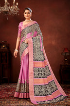 Onion Soft Tussar Silk Saree with Zari Border & Traditional Digital Prints
