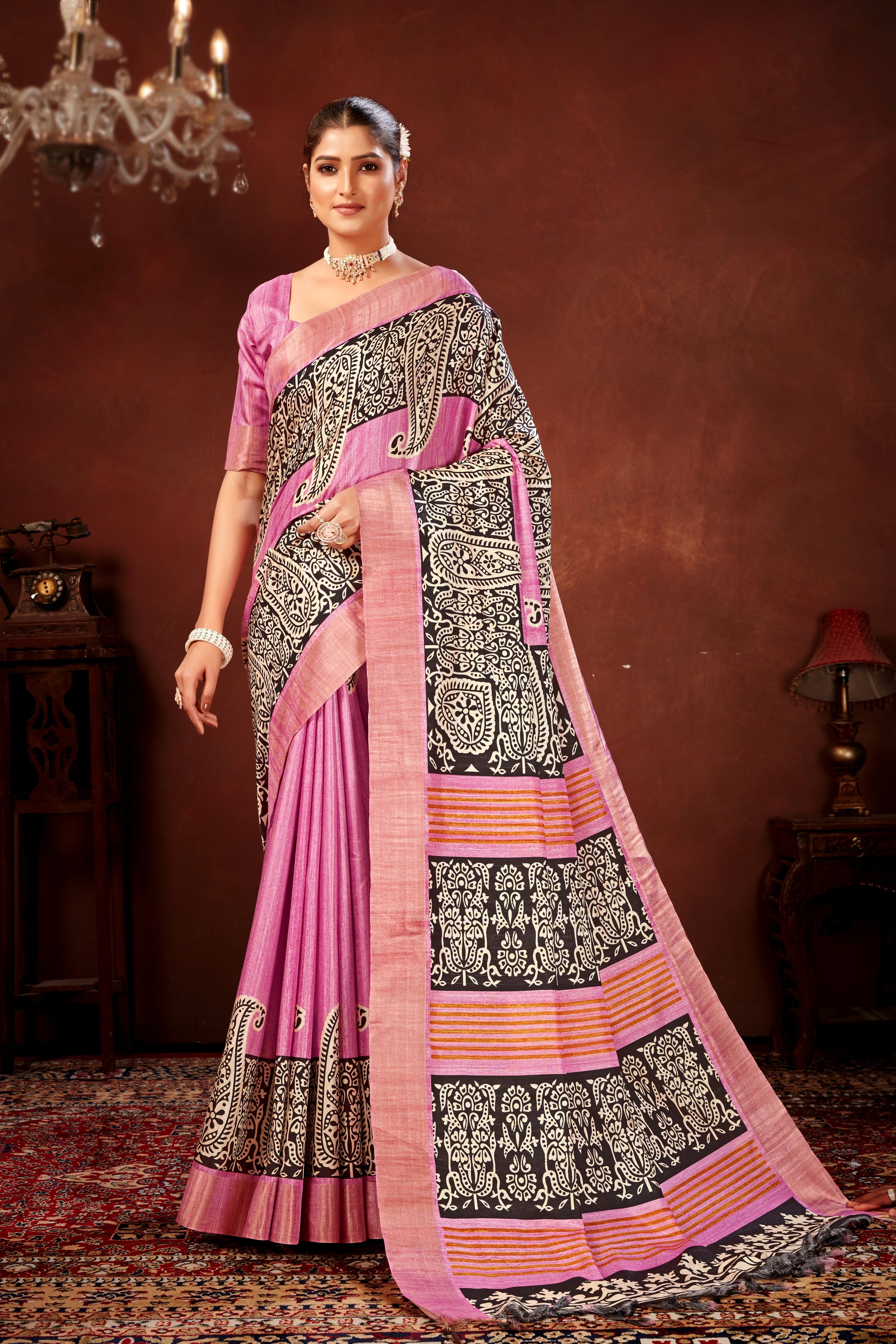 Onion Soft Tussar Silk Saree with Zari Border & Traditional Digital Prints