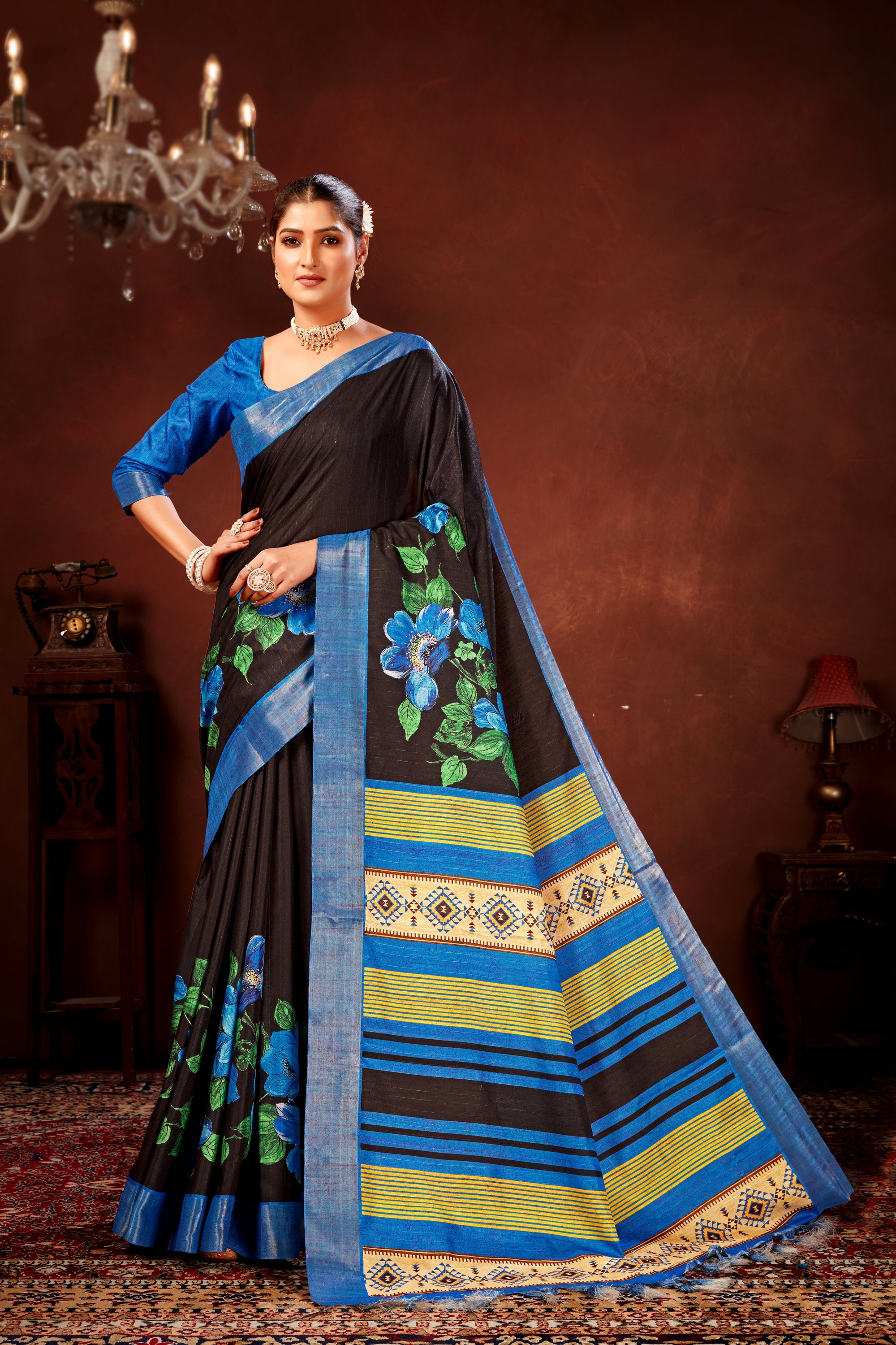 Blue Soft Tussar Silk Saree with Floral Digital Prints