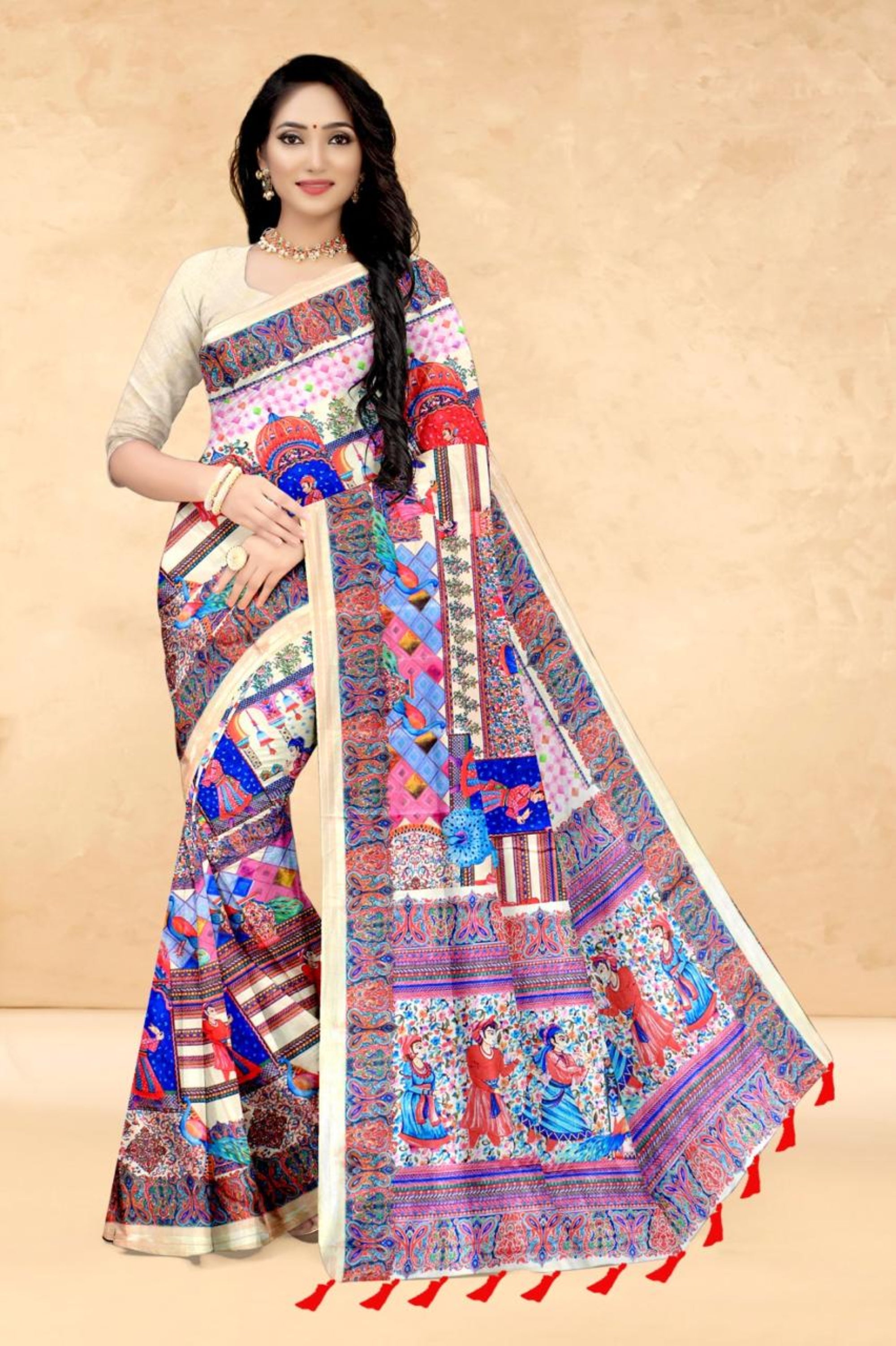 Cream Soft Tussar Silk Saree with Postion Pashmina Digital Prints