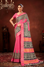 Pink Soft Tussar Silk Saree with Zari Border & Traditional Digital Prints