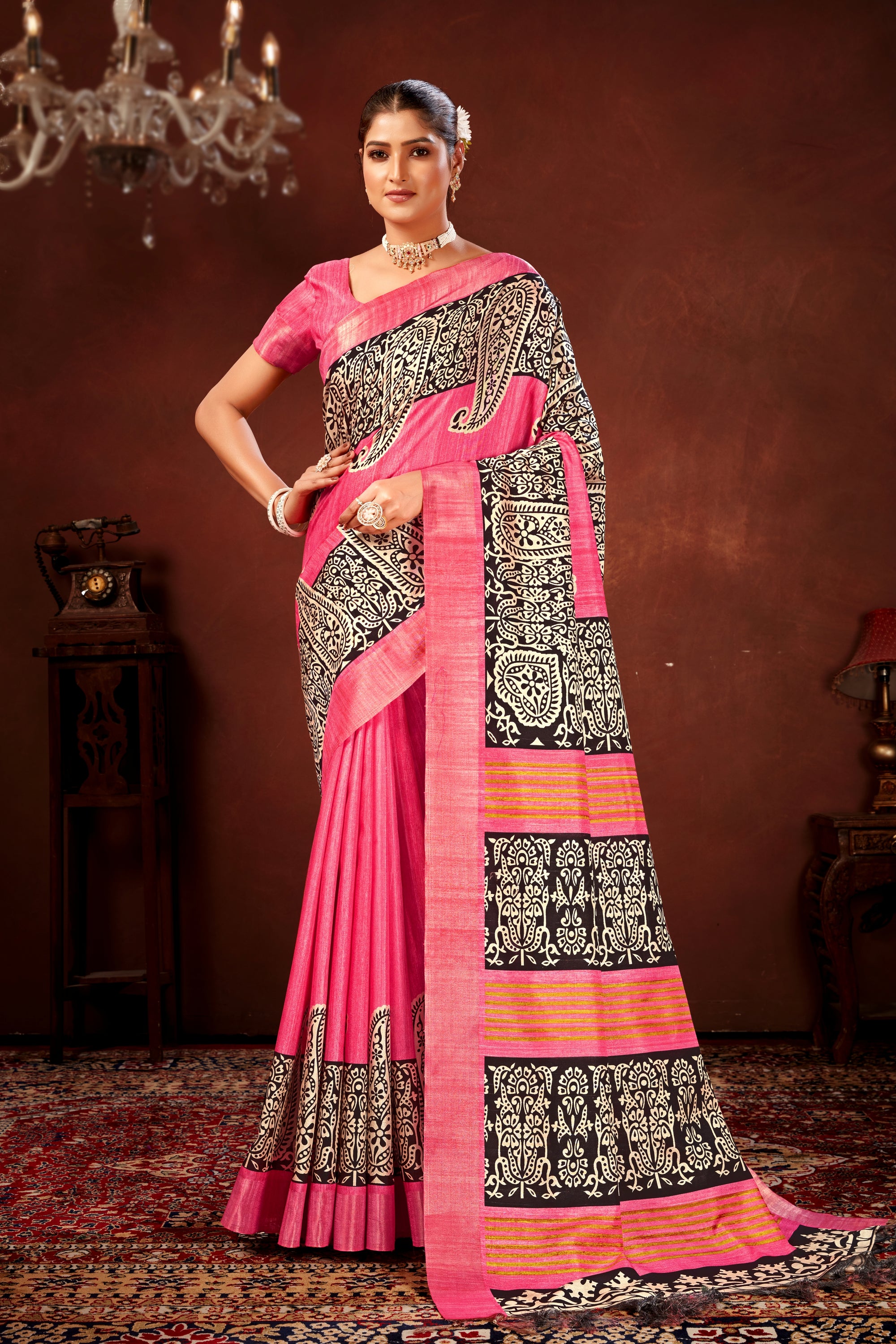 Pink Soft Tussar Silk Saree with Zari Border & Traditional Digital Prints