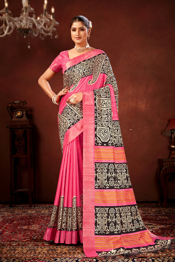 Pink Soft Tussar Silk Saree with Zari Border & Traditional Digital Prints