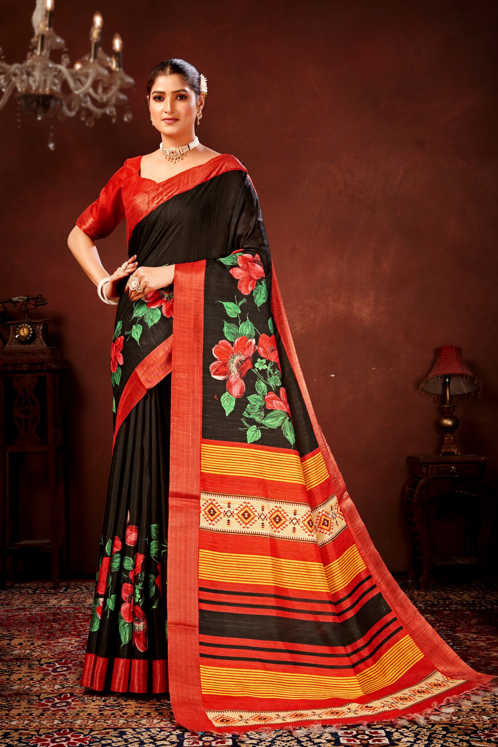 Red Soft Tussar Silk Saree with Floral Digital Prints