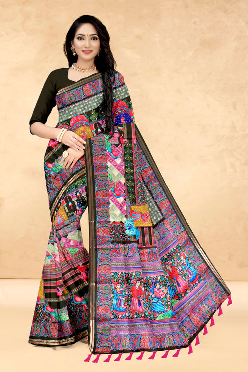Black Soft Tussar Silk Saree with Position Pashmina Digital Prints
