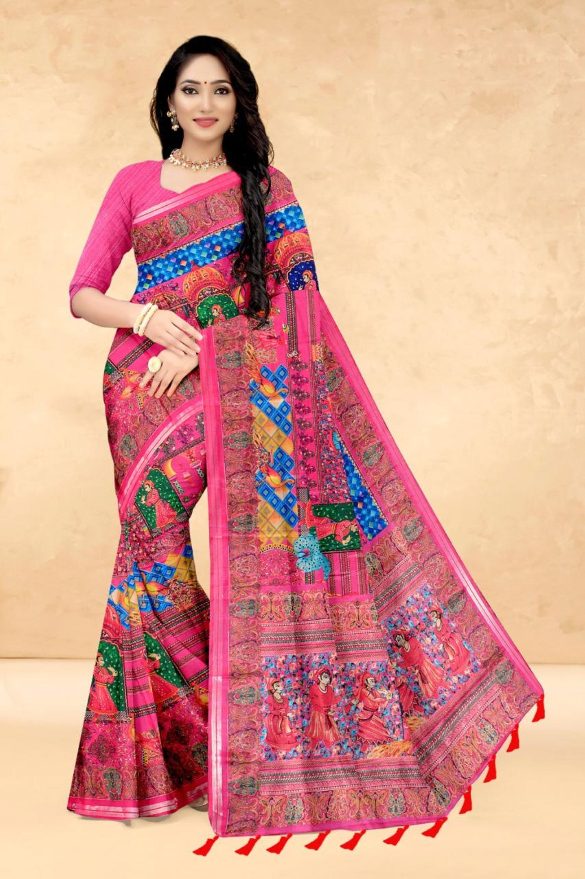 Hot Pink Soft Tussar Silk Saree with Position Pashmina Digital Prints