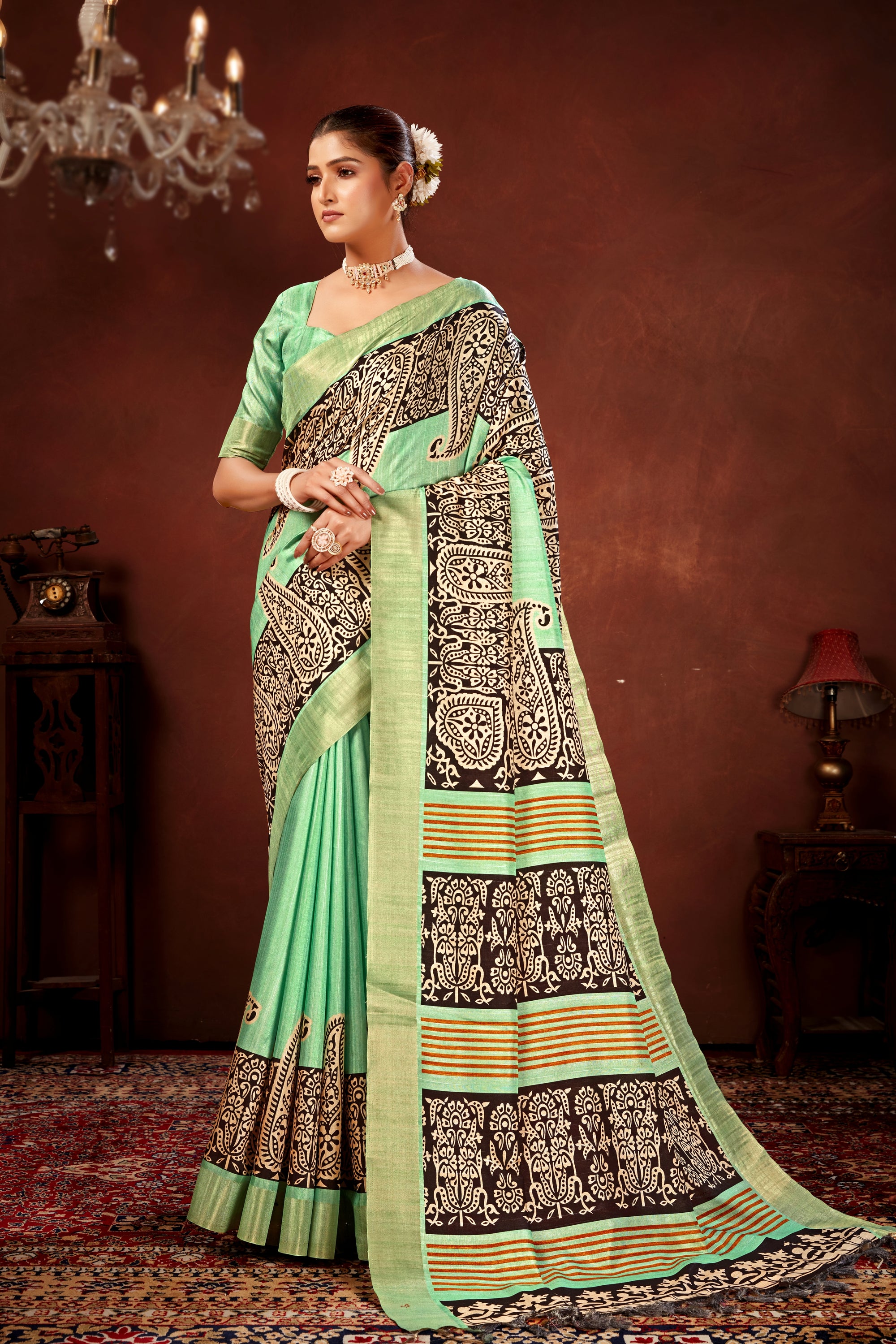 Pista Green Soft Tussar Silk Saree with Zari Border & Traditional Digital Prints