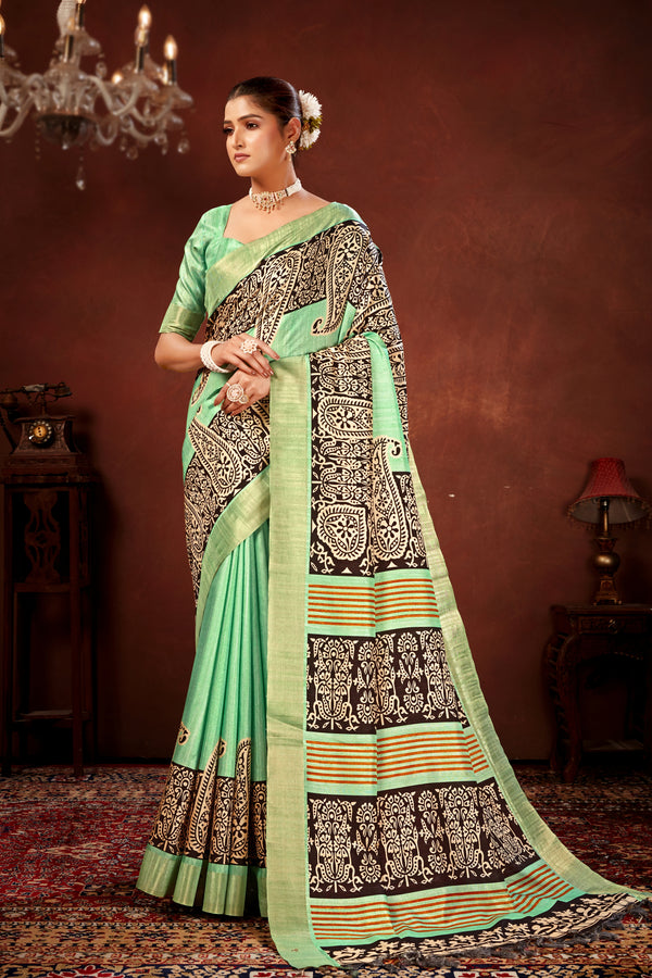 Pista Green Soft Tussar Silk Saree with Zari Border & Traditional Digital Prints