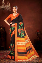 Orange Soft Tussar Silk Saree with Floral Digital Prints
