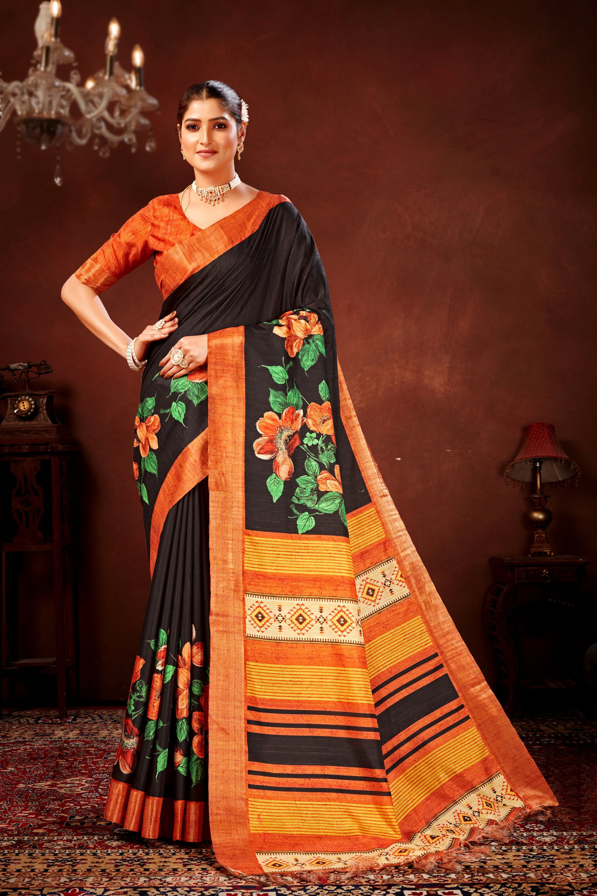 Orange Soft Tussar Silk Saree with Floral Digital Prints