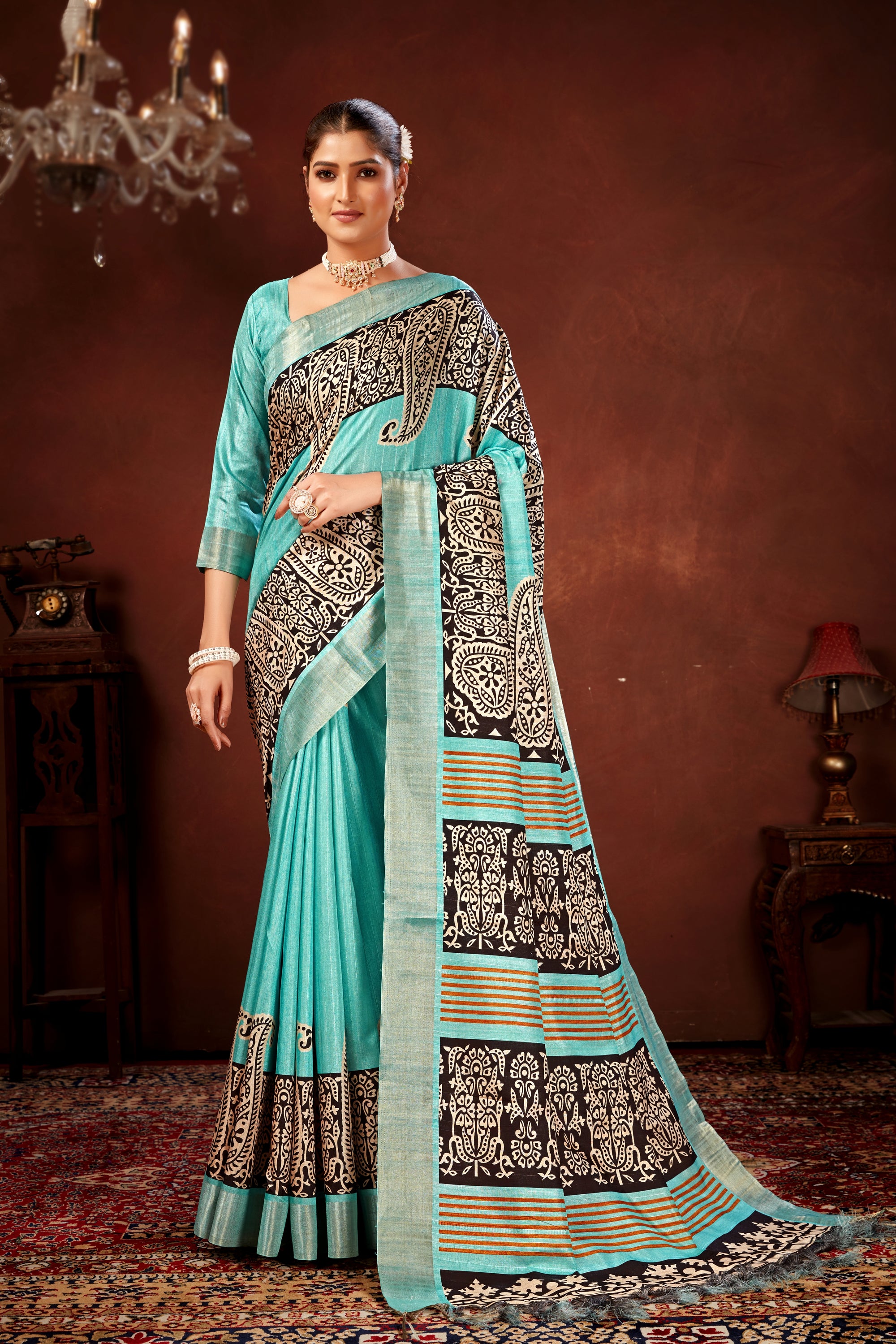 Sky Blue Soft Tussar Silk Saree with Zari Border & Traditional Digital Prints