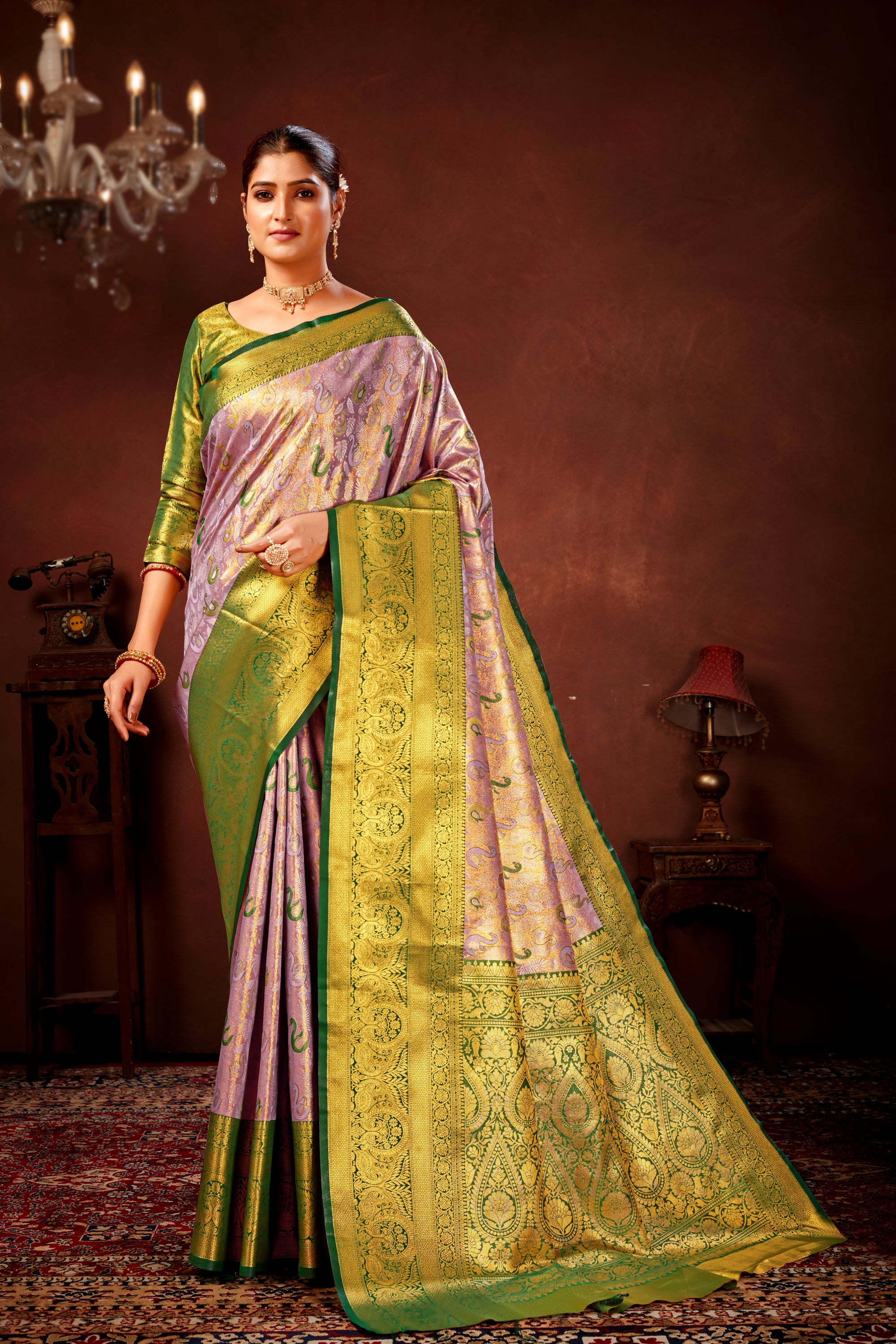 Onion Pure Dharamavaram Silk Saree with Meenakari Zari Weave & Contrast Rich Pallu