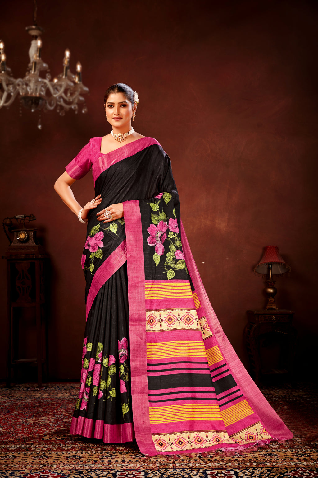 Pink Soft Tussar Silk Saree with Floral Digital Prints